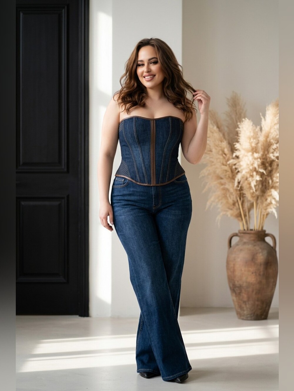 Vtg Corset Top Bustier Blue Denim Brown Leather Trim Laceup Gothic Overbust Boho